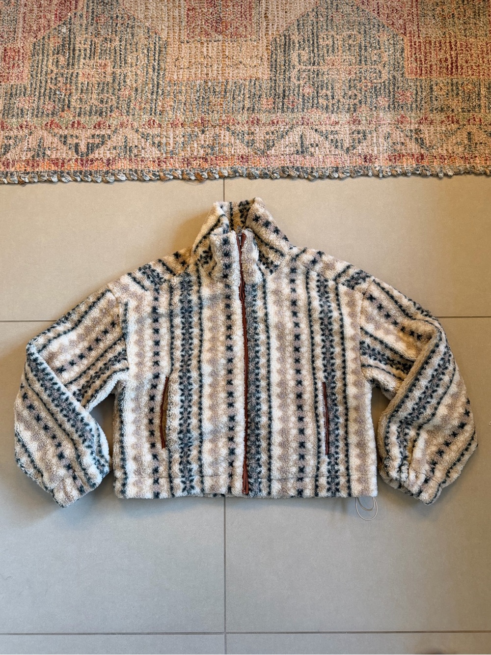 Blank NYC Cream and Gray Patterned Teddy Zip Jacket